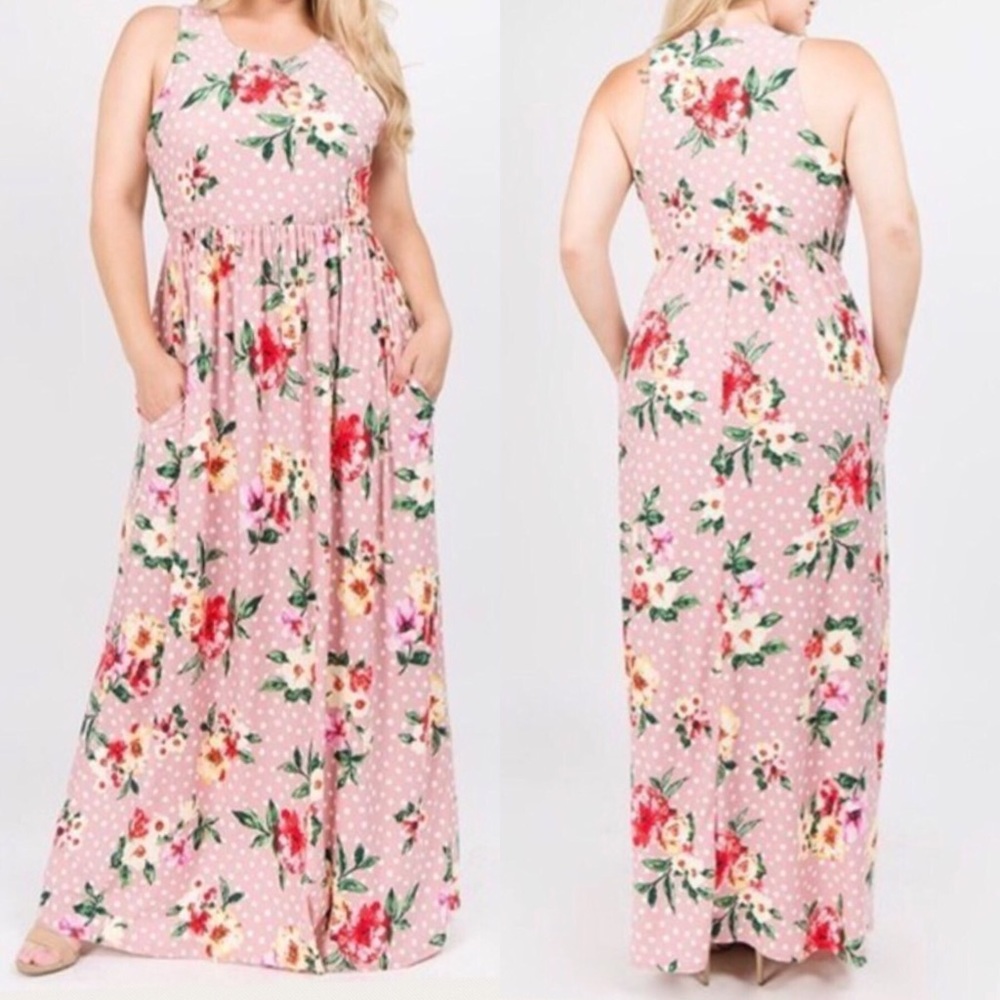 Floral Print Polka Dot Pocket Maxi Dress 1X 2X 3X - Picture 2 of 8